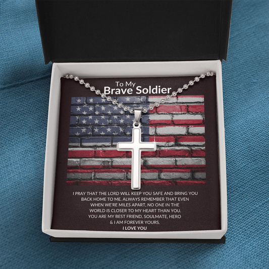 To My Brave Soldier - American Flag Bricks, Cross Ball Chain