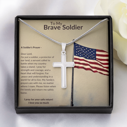 To My Brave Soldier, - American Flagpole, Cross Snake Chain